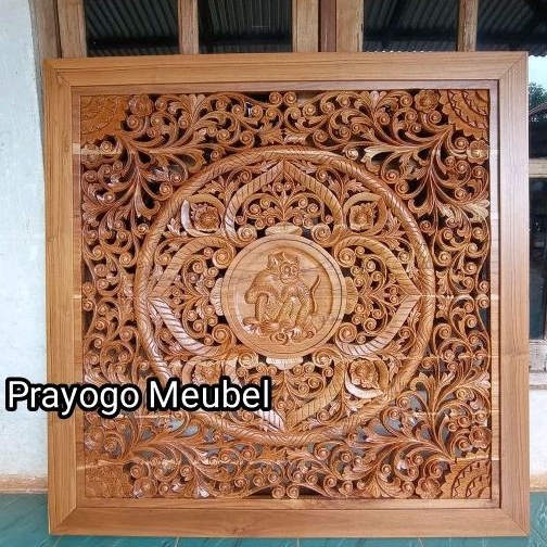 panel hiasan dinding ukir Mandala Bali kayu jati Jepara dekorasi kamar ukiran jati wall decor