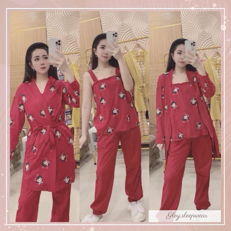 Piyama 3in1 katun / baju tidur wanita / baju tidur / piyama / setelan baju tidur
