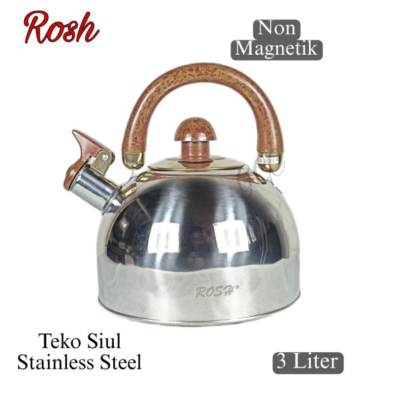 Sun888 Teko Air Siul Stainless Steel Tebal Rosh Non Magnetik 3 Liter Gagang Bakelite Kayu / Ceret bu