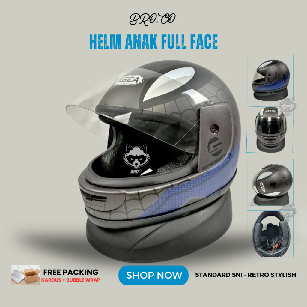 HELM FULL FACE ANAK ANAK KLASIK JUNIOR PREMIUM STANDARD SNI SPIDERMAN GREY DOFF BROKIDS BRO.CO UNTUK