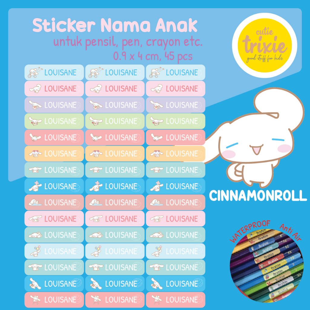 

Sticker label nama anak untuk pensil pen crayon Cinnamonroll