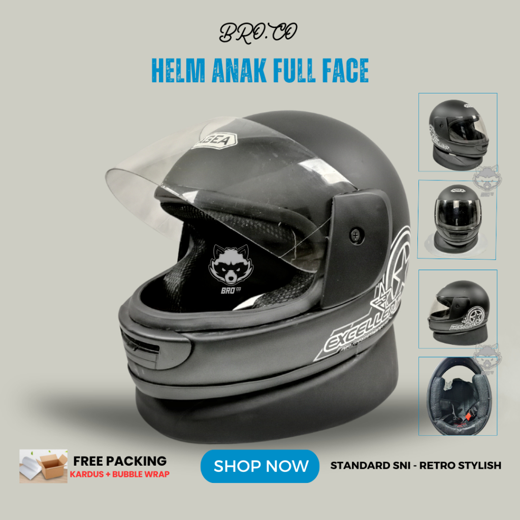 HELM FULL FACE ANAK ANAK KLASIK JUNIOR PREMIUM STANDARD SNI BLACK DOFF EXCELLENT BROKIDS BRO.CO UNTU