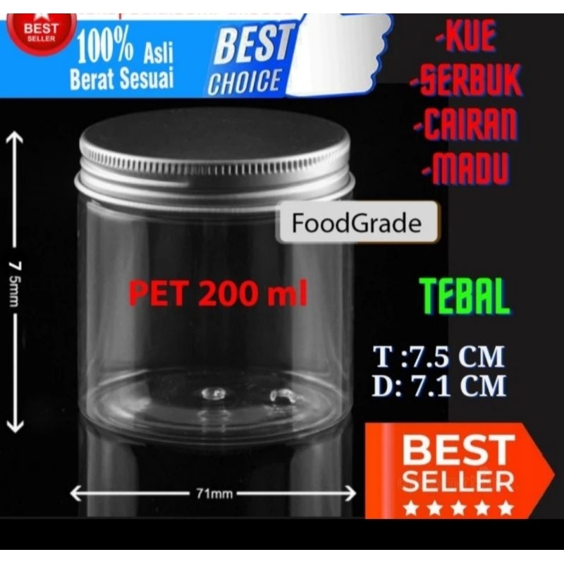 toples botol jar plastik  200 ml pet tutup alumunium