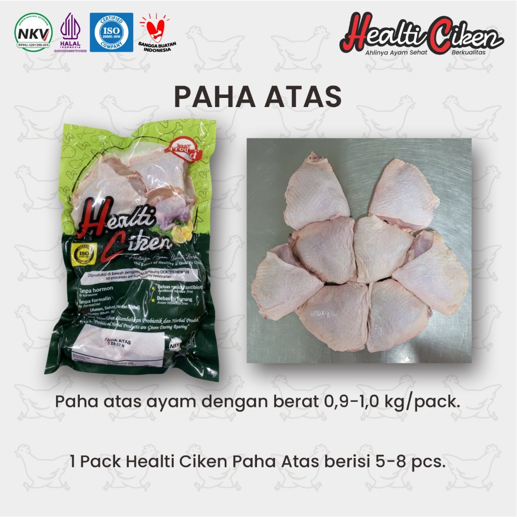 

Paha Ayam Atas | Ayam + Probiotik & Herbal Produk | Daging Ayam Sehat | Healti Ciken | 0.9 - 1 kg / Pack