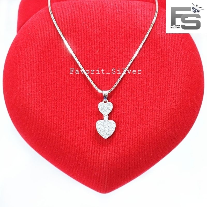 Kalung Perak Asli Silver Wanita 925 Lapis Emas Putih Model Cassandra ItaliSanta Liontin Love 2 Susun