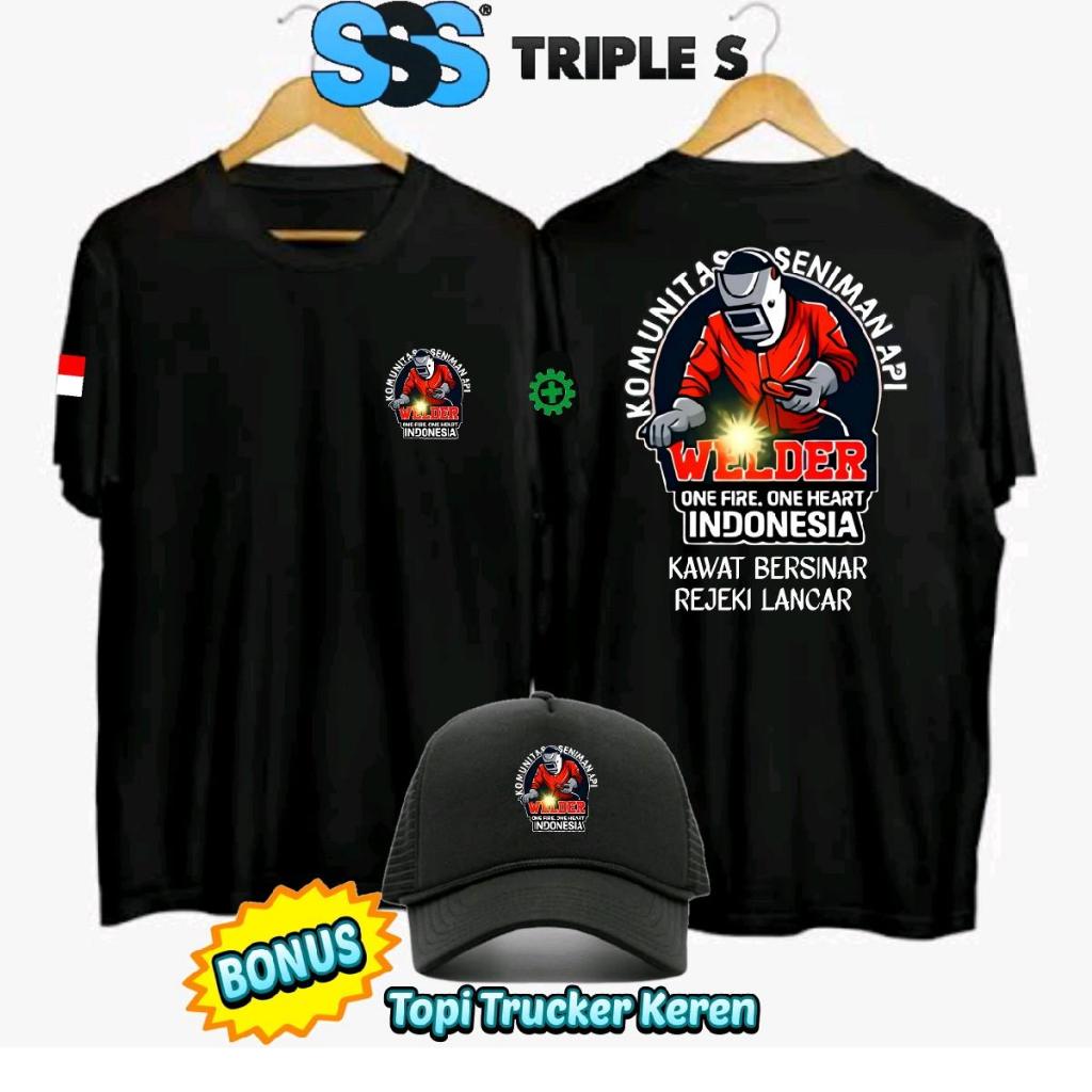 KAOS KOMUNITAS SENIMAN API WELDER INDONESIA TSHIRT BAHAN KATUN WELDER KEREN BONUS TOPI TRIPLE S