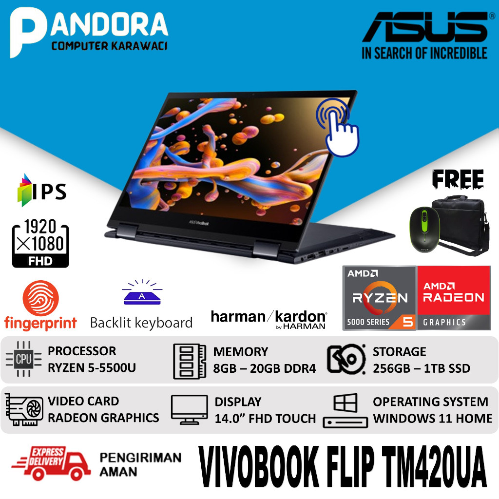 ASUS VIVOBOOK FLIP TM420UA RYZEN 5 5500U TOUCHSCREEN 8GB 256GB SSD FHD WIN10 HOME