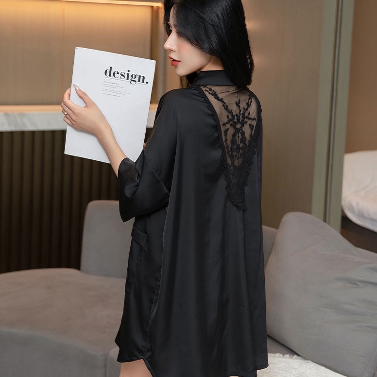 TERBARU Piyama Dress Tidur Sexy Kemeja Putih Es Silk Kemeja Wanita Baju Tidur KMJ984 Piyama Dress Ex