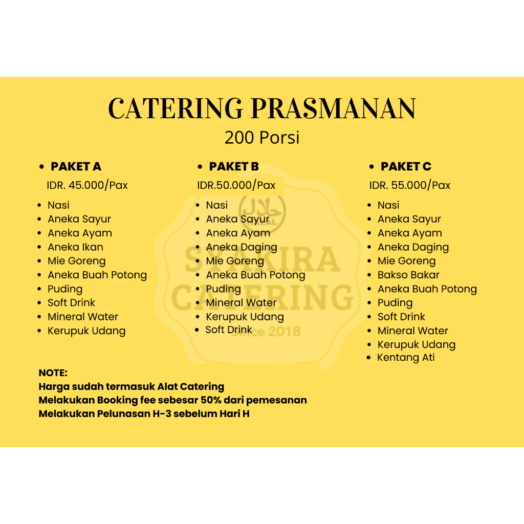 

PAKET PRASMANAN MURAH 200 PORSI // PRASMANAN MURAH JAKARTA // CATERING PRASMANAN // CATERING JAKARTA MURAH // PRASMANAN // SYAKIRA CATERING