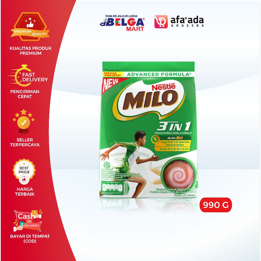 

NESTLE MILO | Kemasan 990G pouch | Milo 3 IN 1 | Milo Activ Go