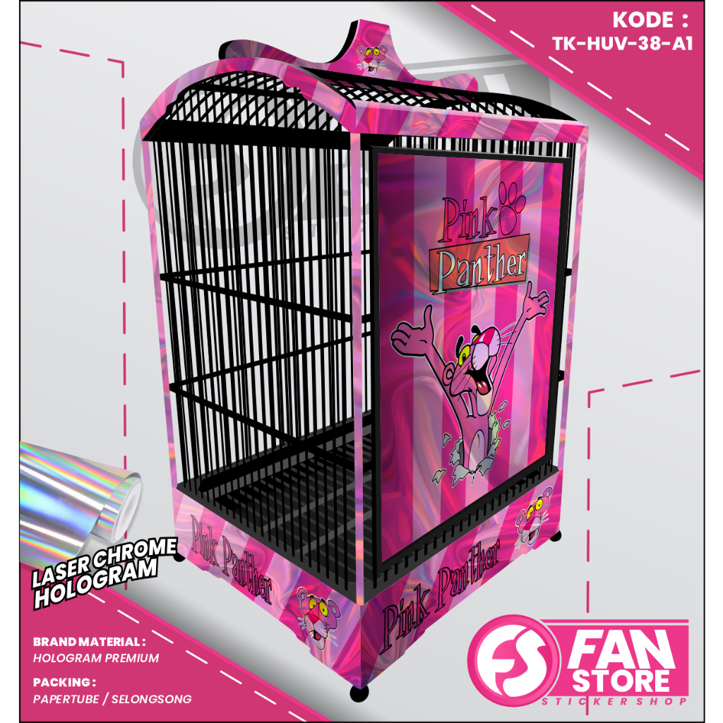 Decal Sangkar Kotak Kenari Kacer Cucak Nomer 1 2 3 Motif Pink Panther Bahan UV Hologram Premium / St