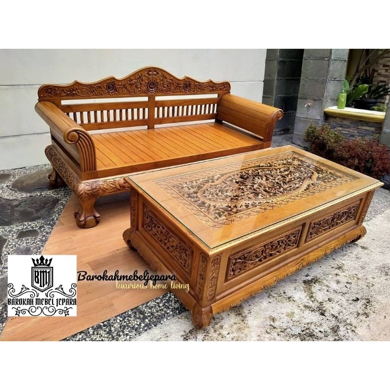 bangku bale bale jati jumbo ukir plus meja kopi jati , bale bale jati , meja kopi ukiran , meja tamu