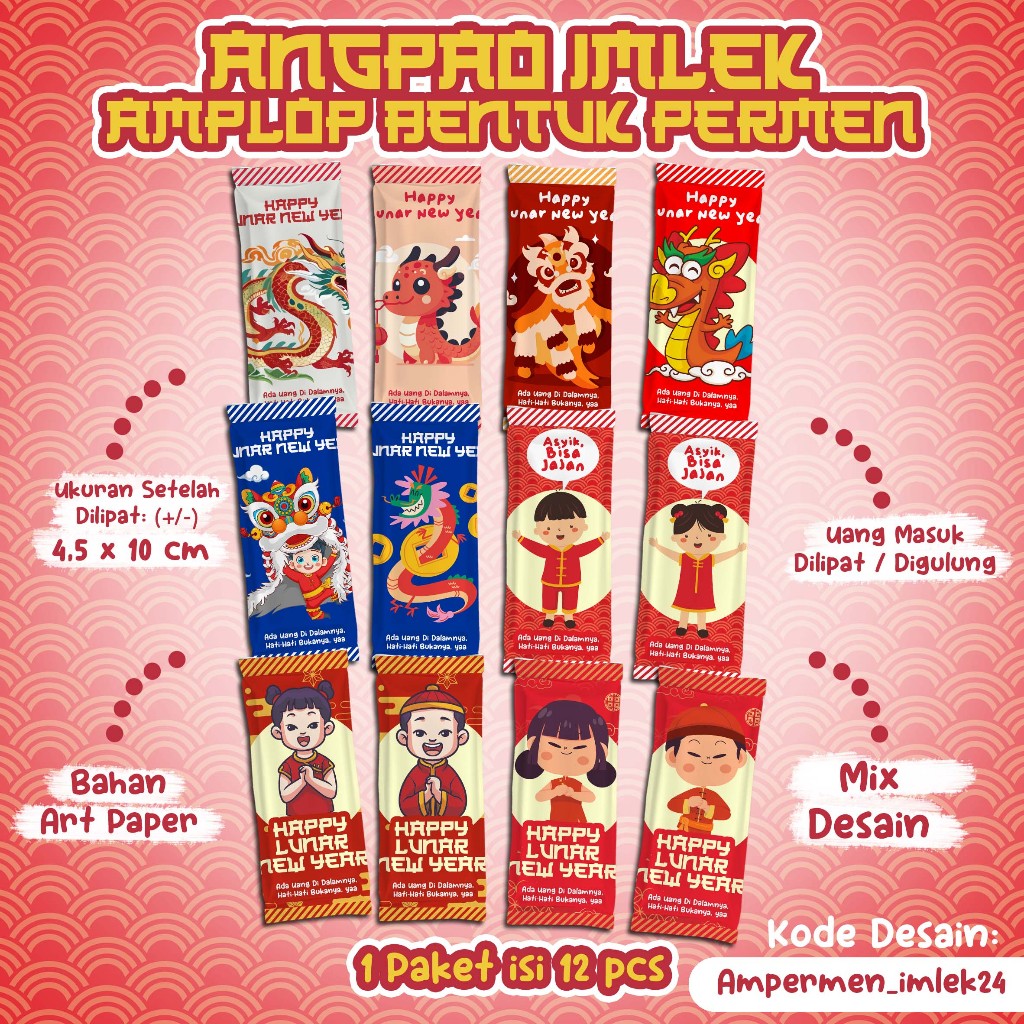

1 Paket isi 12 pcs - AMPLOP UNIK - ANGPAO BENTUK UNIK - AMPLOP / ANGPAO BENTUK BUNGKUS PERMEN - Tema IMLEK TAHUN NAGA
