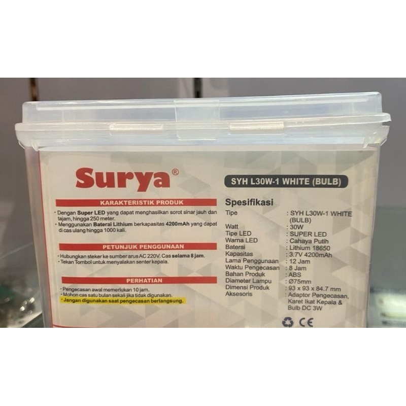 SENTER KEPALA CAS SURYA 30 WATT+ BONUS LAMPU BULB+ IKAT KEPALA