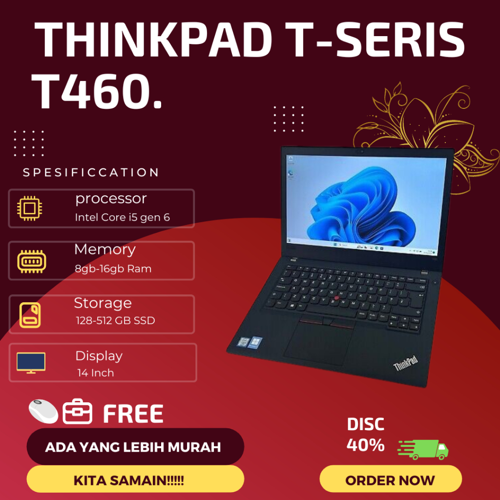 Laptop Lenovo Thinkpad Core i5  T410/ T420/ T430/ T440/ T450/ T460  Ram 8 gb SSD 256 gb/ Layar 14 in