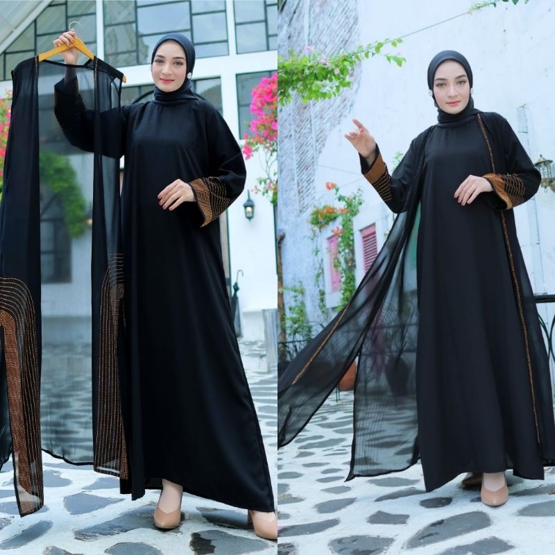 Abaya Rompi Asyifa Swarosvky Gold Gamis Ziper Dubai Nahla Maxi Dress Arab Saudi Gamis Syari
