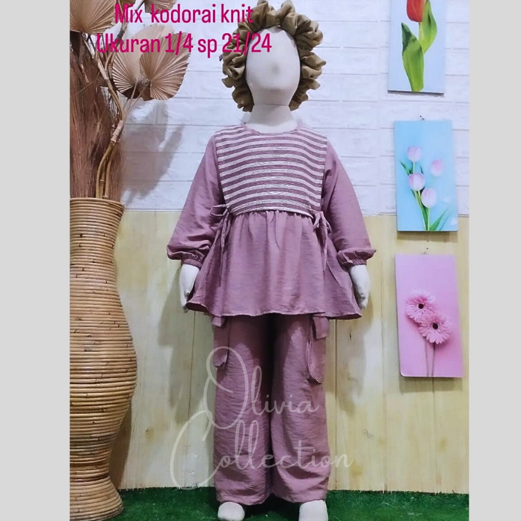 Oneset linen anak perempuan mix knit caramel pinggang tali serut celana cargo usia 3 - 10 tahun set 
