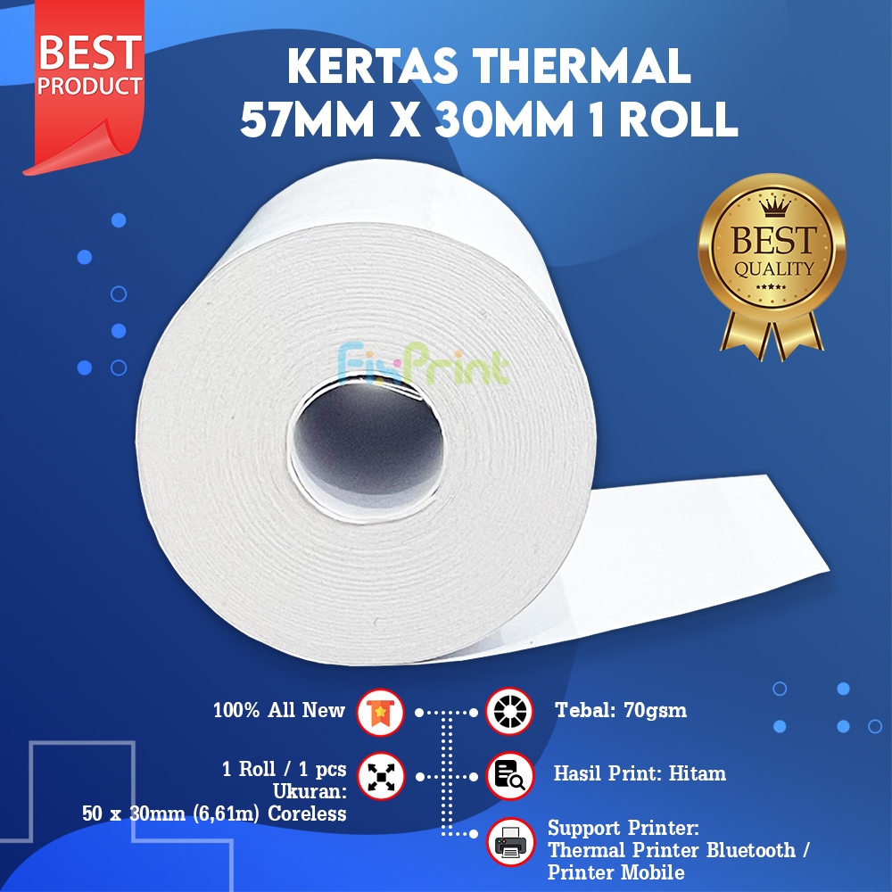 

Kertas Thermal 57mm x 30mm / 57x30 / 58 x 30 / 58x30 mm 1 Roll