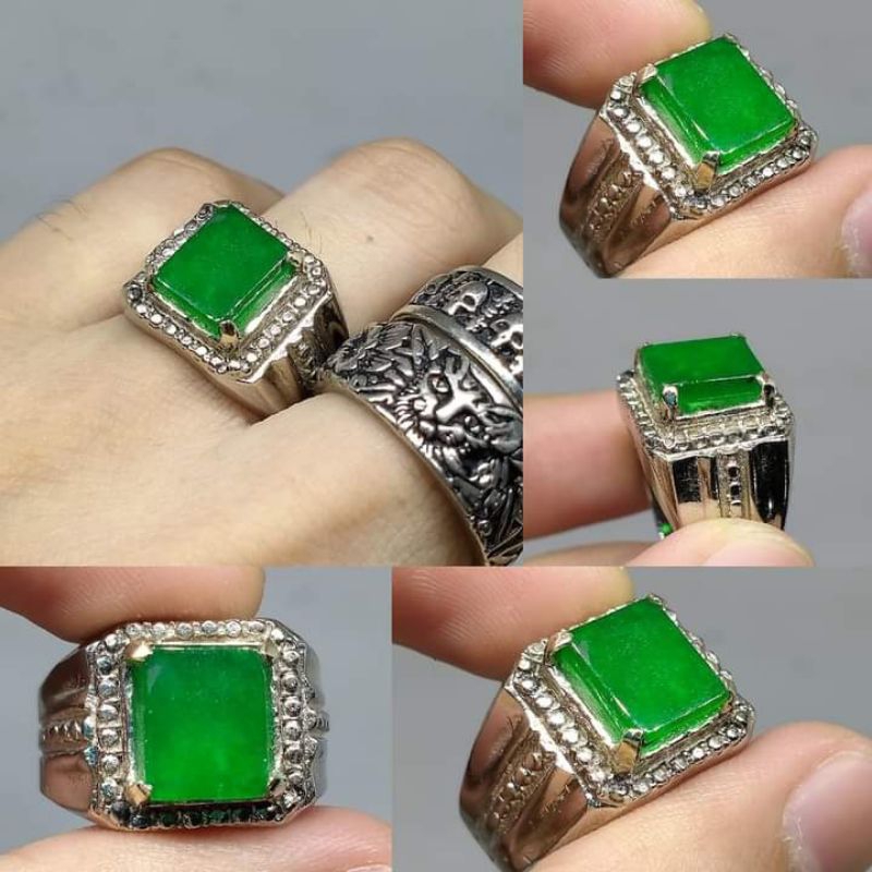 Cincin Batu Giok Hijau Kotak Kristal