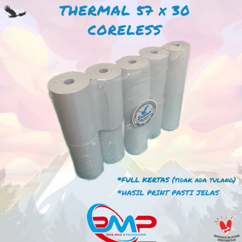 

(10 biji) Kertas Kasir Thermal Edc 57x30 CORELESS Tanpa Tulang FULL Kertas Termurah