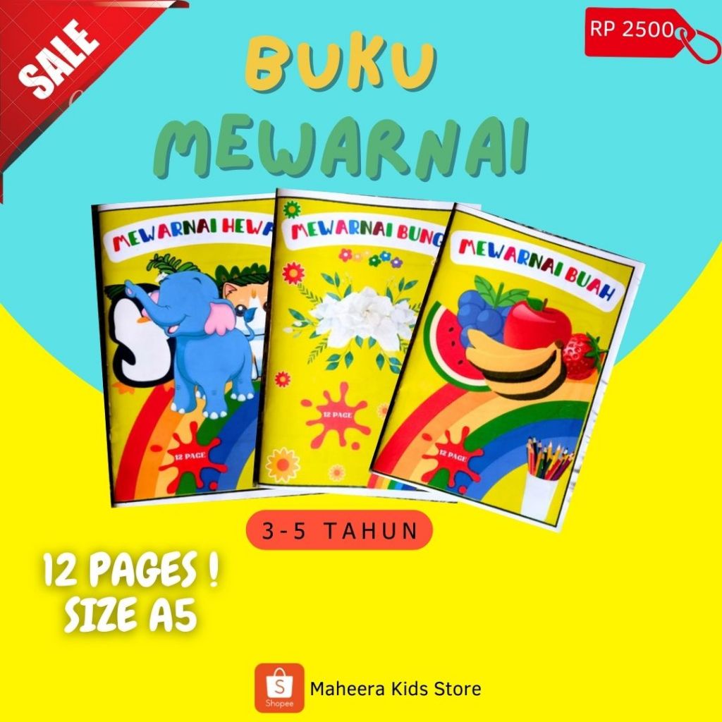

Buku mewarnai tema hewan, buah, bunga untuk usia 3 ++