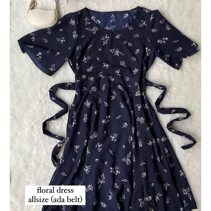 Dress korea bunga navy