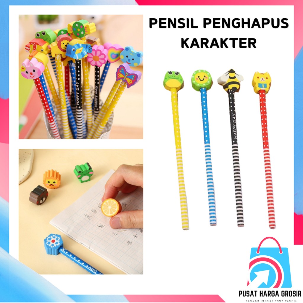 

PHG - Alat Tulis Sekolah TK SD Cartoon Pencil With Eraser t Pensil Karakter Kartun Lucu Motif Garis Polkadot Pensil Karakter + Penghapus Pensil Lucu Ada Penghapus 3D Pensil Fancy Unik Pensil Warna-Warni Untuk Souvenir