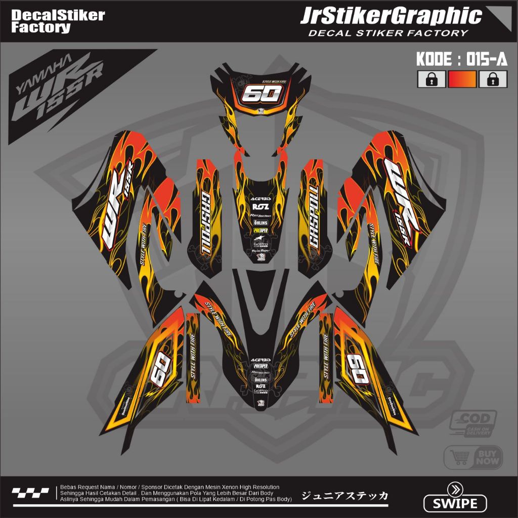 Decal Stiker Motor Cross Yamaha WR155 Fullbody Hitam Putih Motif Api Viral Glosy / Doff - Realpict B