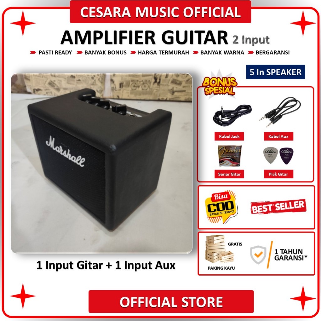 ampli gitar dan bass 5 inch 2 Input marshall bonus kabel jack 3 meter pick gitar & aux hitam
