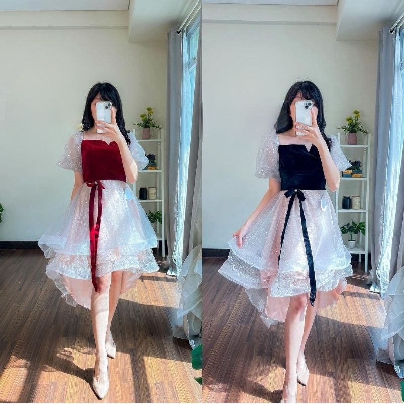 dress high low puff sleeve flare dress acara pesta party mesh acara pesta wedding birthday ribbon gl