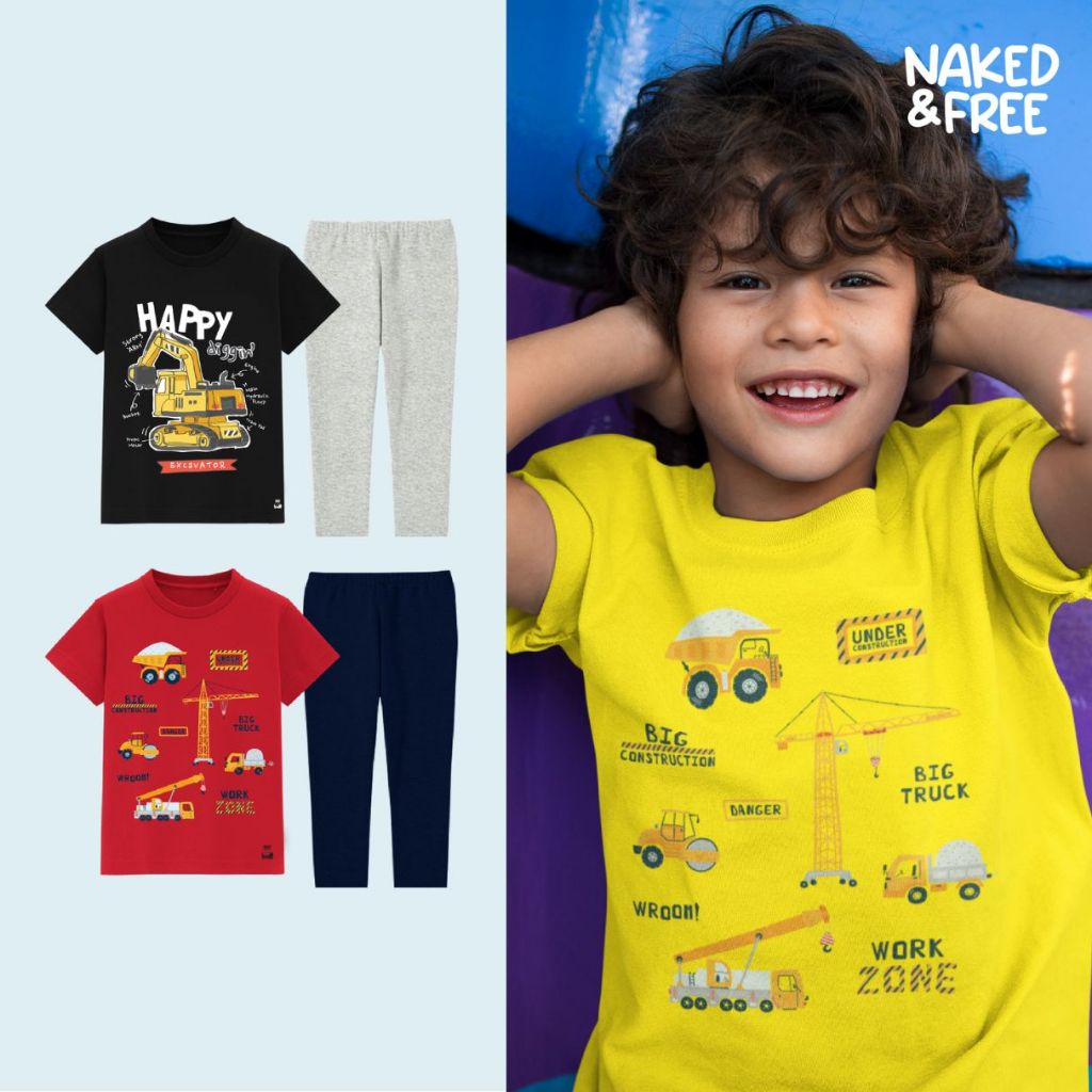 Naked & Free Setelan Anak Lengan Pendek Tractor Beko Digging Excavator Series Bahan Katun