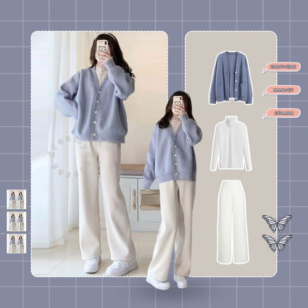 One Set 3in1 68 - (Cardigan, Manset, Celana) One Set Korean Style Outfit Korea Cardigan Set OOTD Won