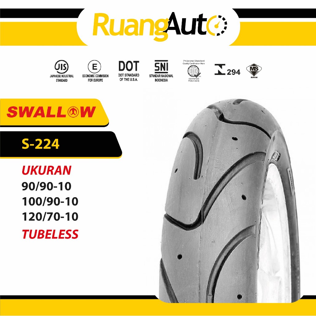 Ban Vespa Swallow S-224 Tubeless Ukuran 90/90 100/90 120/70 Ring 10