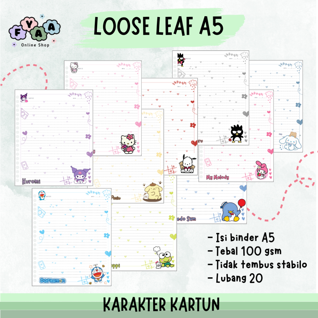 

KERTAS LOOSE LEAF ISI BINDER REFILL NOTEBOOK A5 KARAKTER KARTUN SANRIO KUROMI DORAEMON HELLO KITTY MY MELODY - 100 GSM
