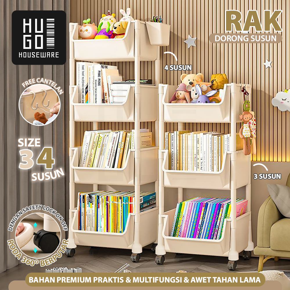 HUGO Rak Dapur Dorong Rak Buku Plastik Serbaguna Rak Troli Toilet Kamar Mandi Susun dengan Roda