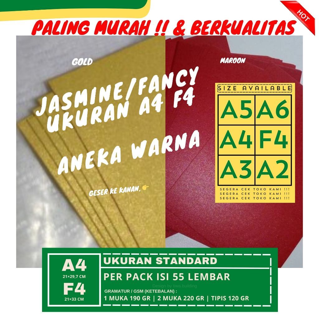 

KERTAS JASMINE/KERTAS FANCY ANEKA WARNA A4 & F4 PERPACK (ISI 55 LEMBAR)