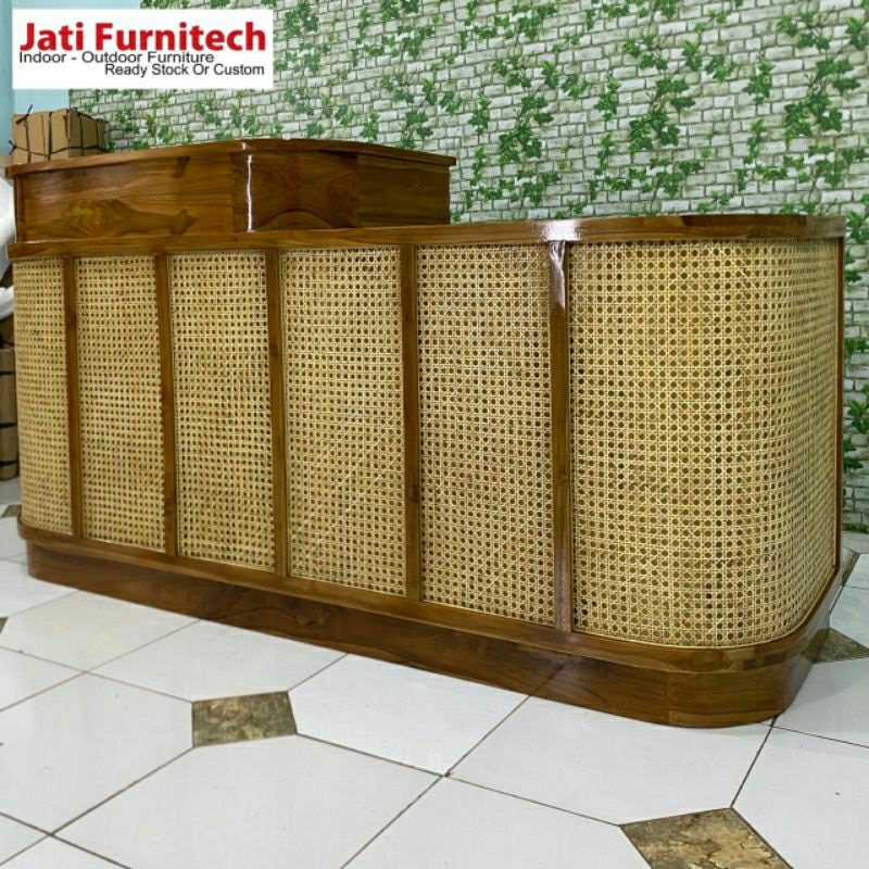 meja receptionist material kayu jati panjang 2 meter