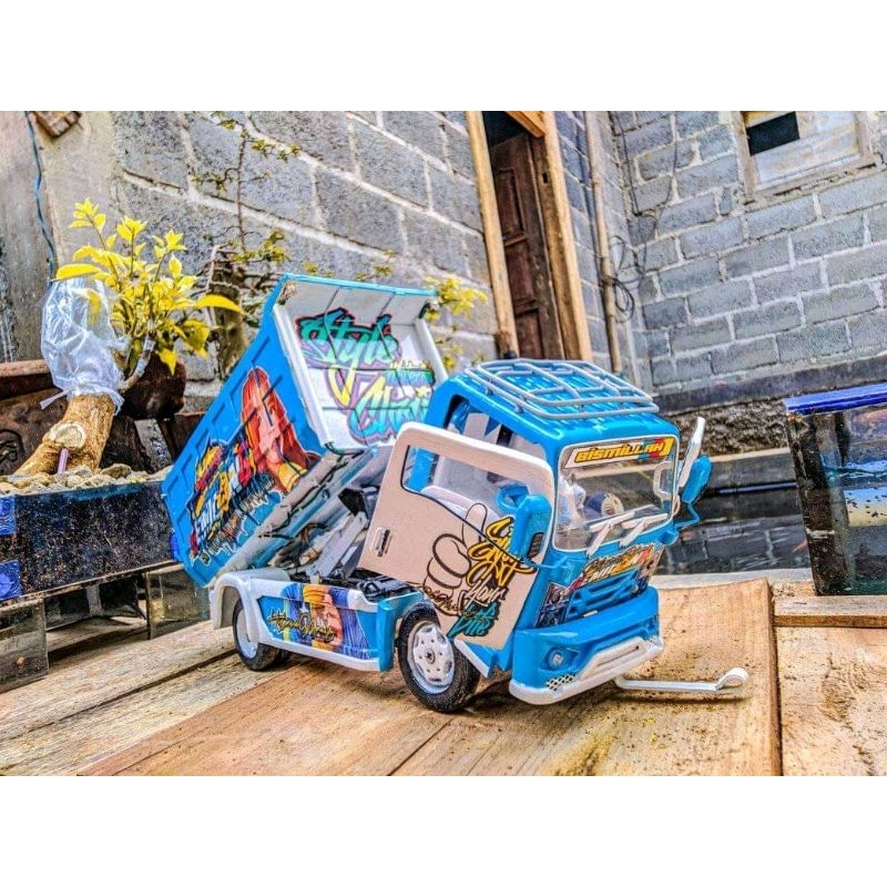 Miniatur truk oleng kayu asli bisa jungkit full lampu ledd