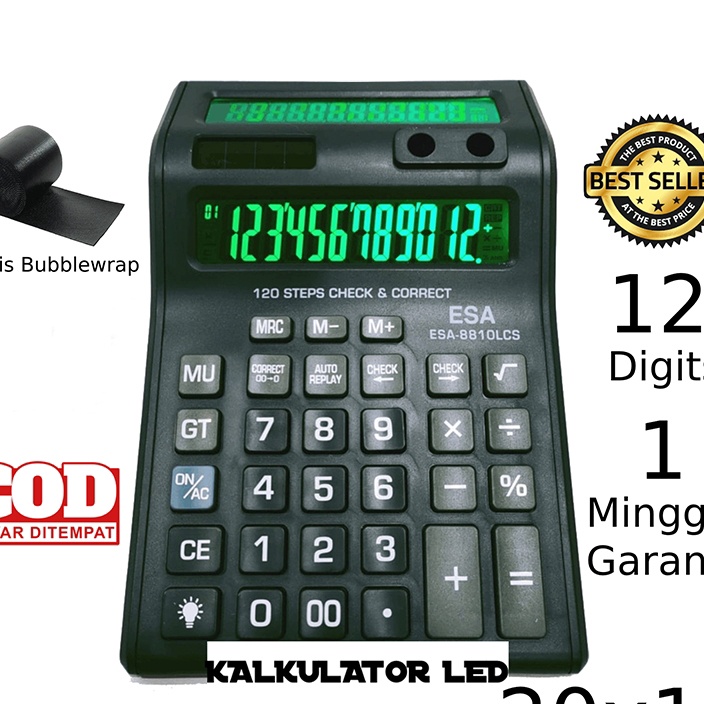 

77 Kalkulator Digital LED Lampu Hijau 12 Digit Kalkulator ESA 881lcs LED