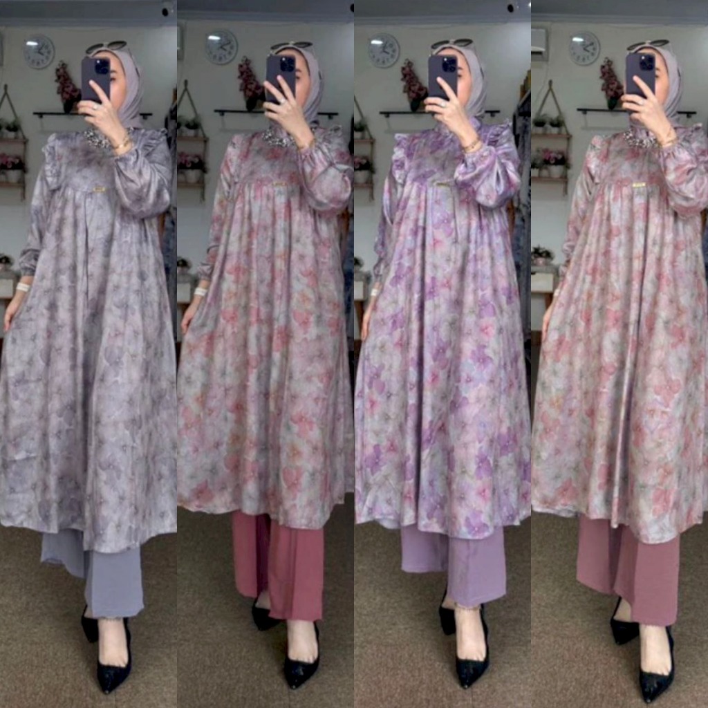 SET LONG SILK DINDA BEST SELLER SETELAN TUNIK WANITA TERLARIS SET OOTD MUSLIMAH KEKINIAN BUSUI