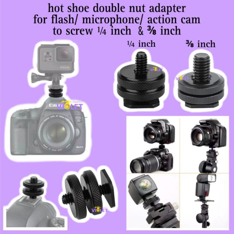 hot shoe double nut adapter flash to screw 1/4 " & 3/8 " male hot shoe adapter hot shoe converter ad