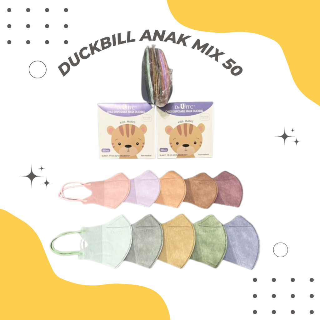 MASKER DUCKBILL ANAK MIX WARNA ISI 50PCS/ MASKER DUCKBILL ANAK DR ITC WARNA