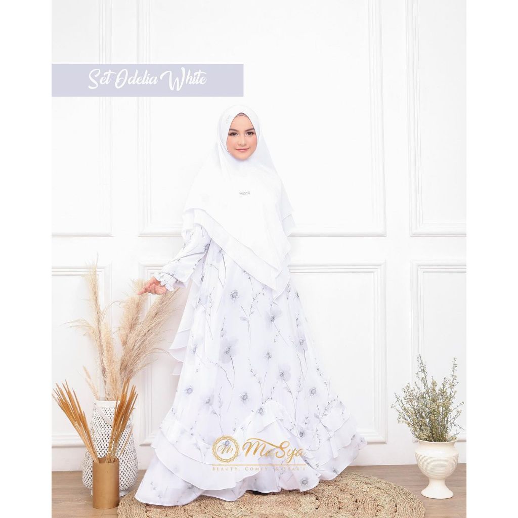 Set Gamis Dress Ceruty Babydoll Syari Branded Prinitng Cream - Black - White Mewah Masya Syari Origi
