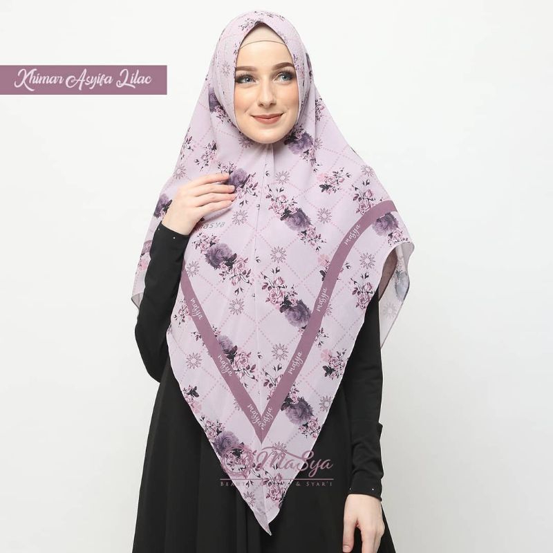 Jilbab Hijab Khimar Ceruty Ceruti Babydoll 2 Layer Lilac - Nude Motif Printing Premium Masya Syari O