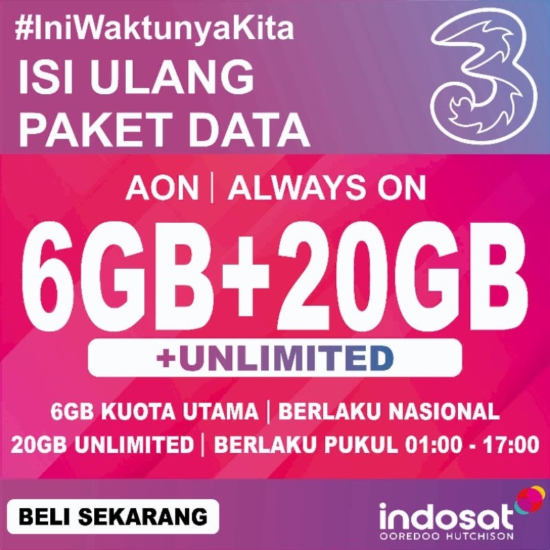 Kuota Tri AON Unlimited 6+20GB