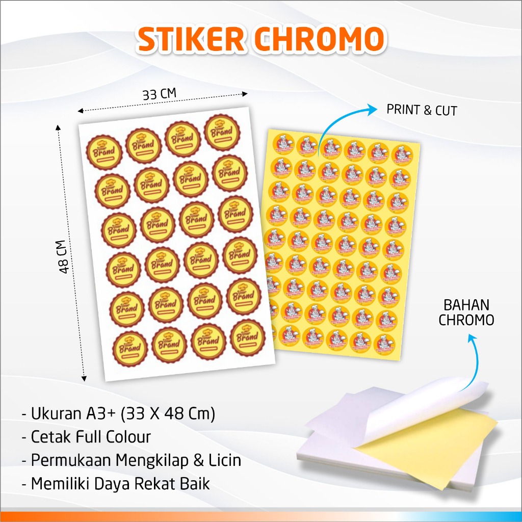 

CETAK STIKER CHROMO A3+ / STIKER CROMO CUSTOM LABEL MAKANAN / STIKER KROMO SEGEL KEMASAN CUSTOM