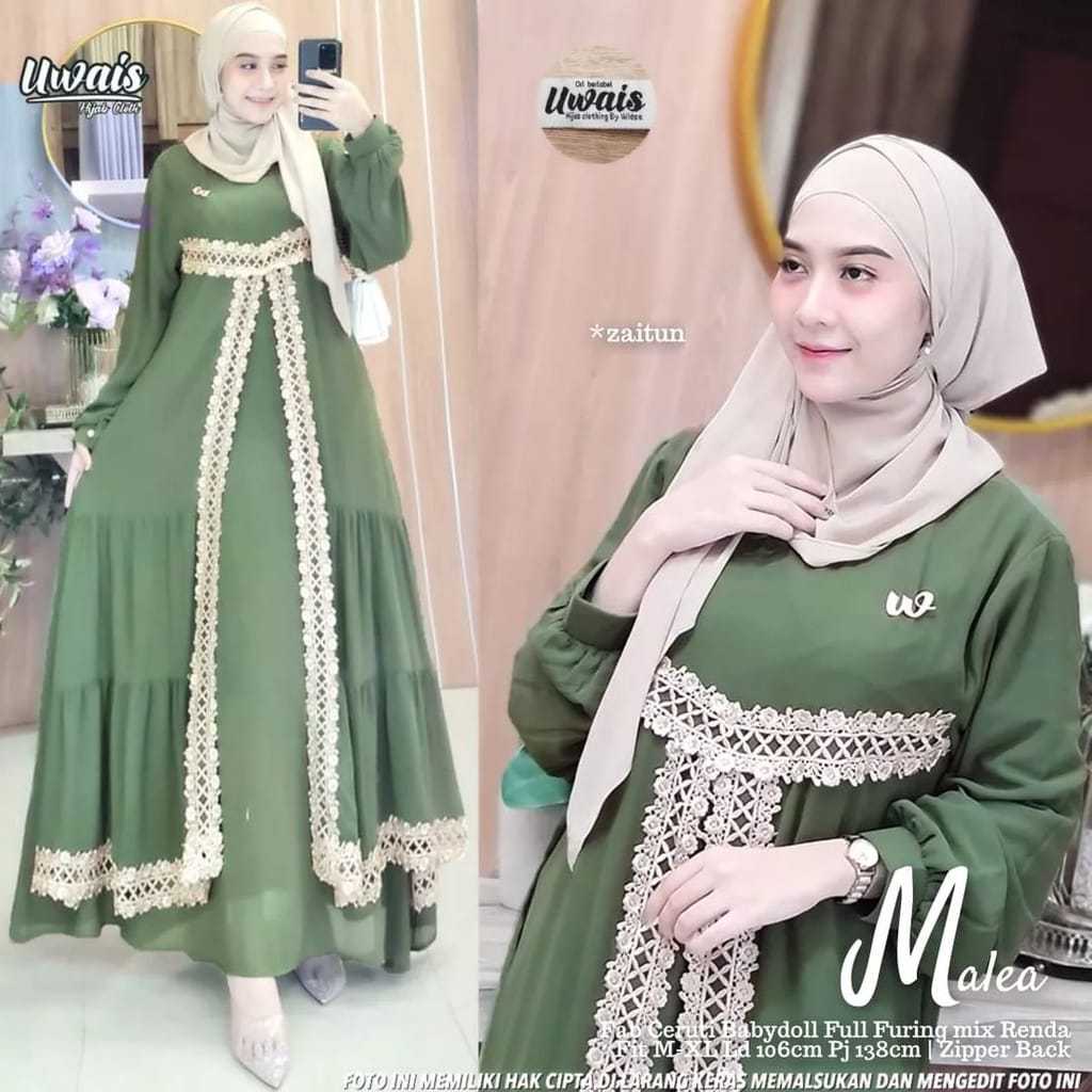 Gamis ceruti baby doll full furing dress pesta terbaru mewah elegan mix renda ukuran jumbo LD 140