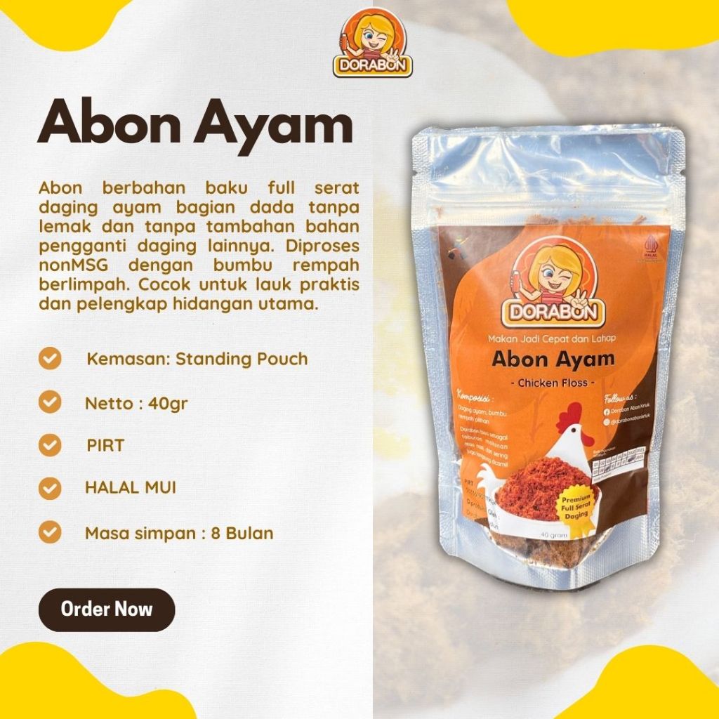 

ABON AYAM PREMIUM DORABON 40 GRAM KEMASAN POUCH