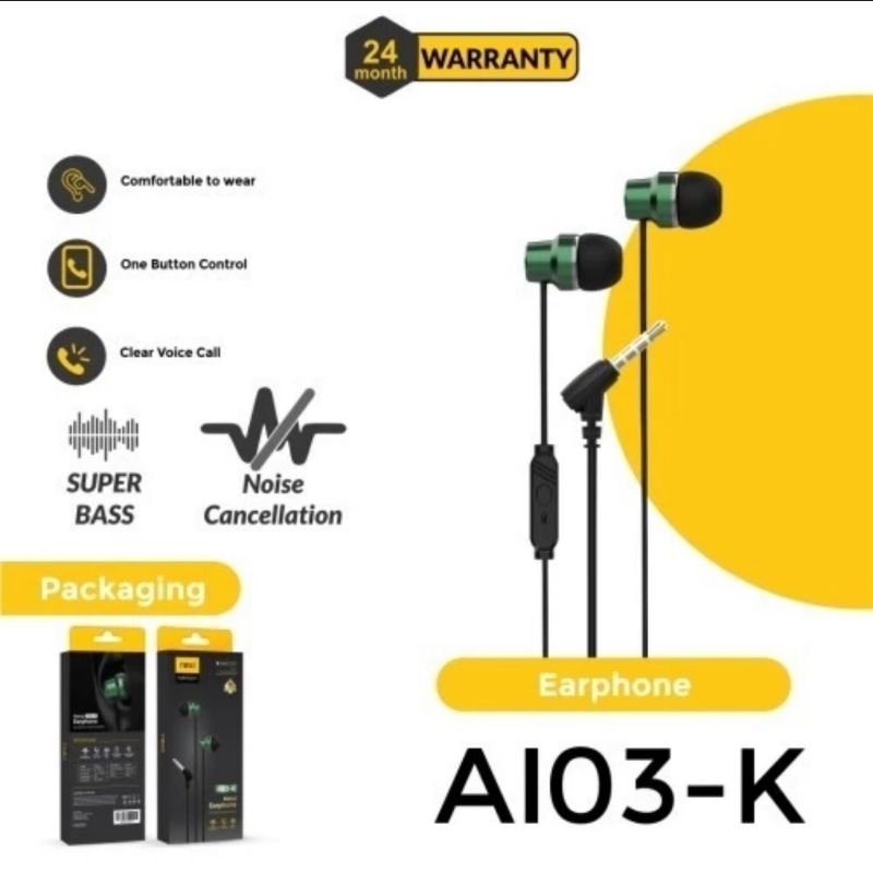 Rexi AI03-K Headset Wired in Ear, Earphone Bass Ai15k/AS11-K/AS05-K/AS08-K/Ai16-K