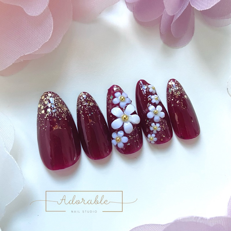 034 Kuku palsu | Fake nails | Press on nails | Nail art wedding maroon gold flowers (almond)